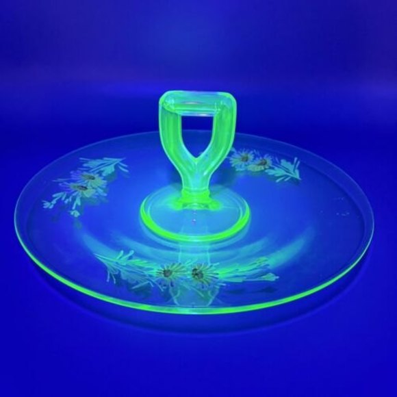 Fenton Other - VTG FENTON Green Vaseline Glass Handled Candy Canapé Dish Hand-painted Flowers